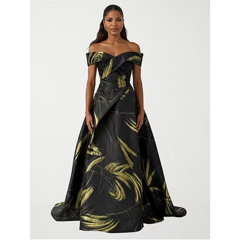 NWT Rene Ruiz Collection Black Gold Brocade Off the Shoulder Gown Size 16
